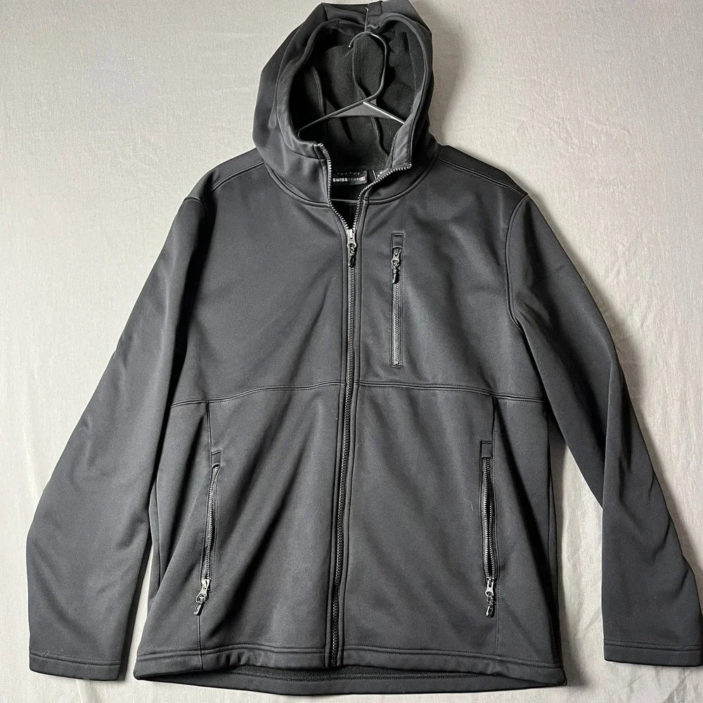 Swiss Tech Jacket Mens M Softshell Hoodie Black Full Zip Fleece Lined EUC